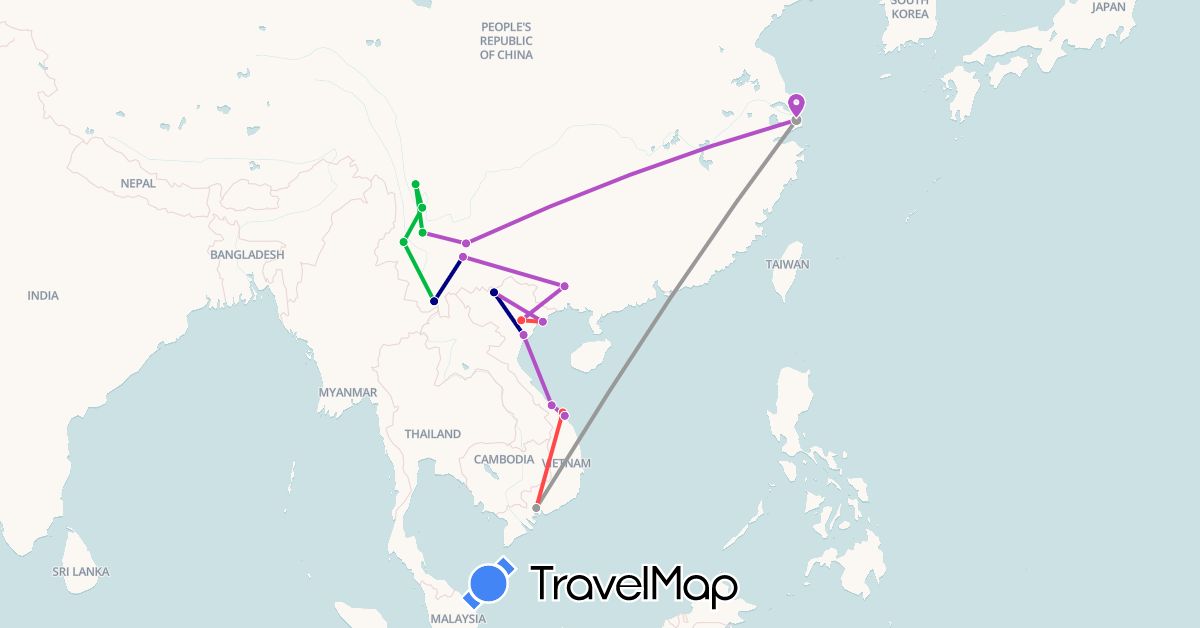 TravelMap itinerary: driving, bus, plane, train, hiking in China, Vietnam (Asia)